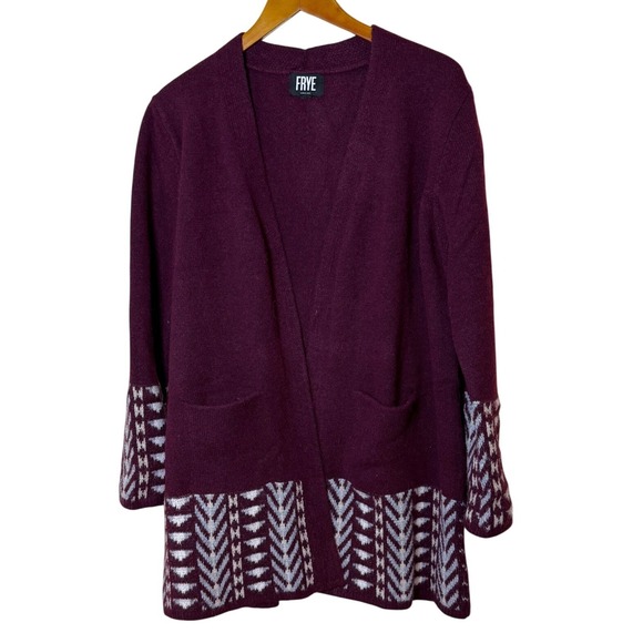 Frye Cardigan Women L Dark Red Purple Geometric Aztec Western Open Front READ - Picture 2 of 12